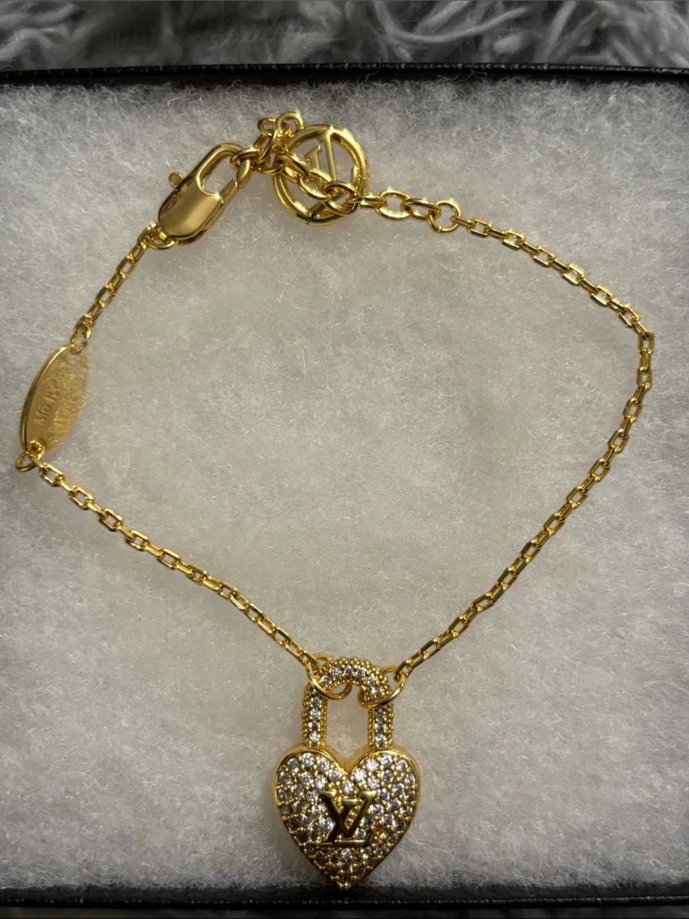 Gold LV Heart Padlock Bracelet with Crystal Pavé